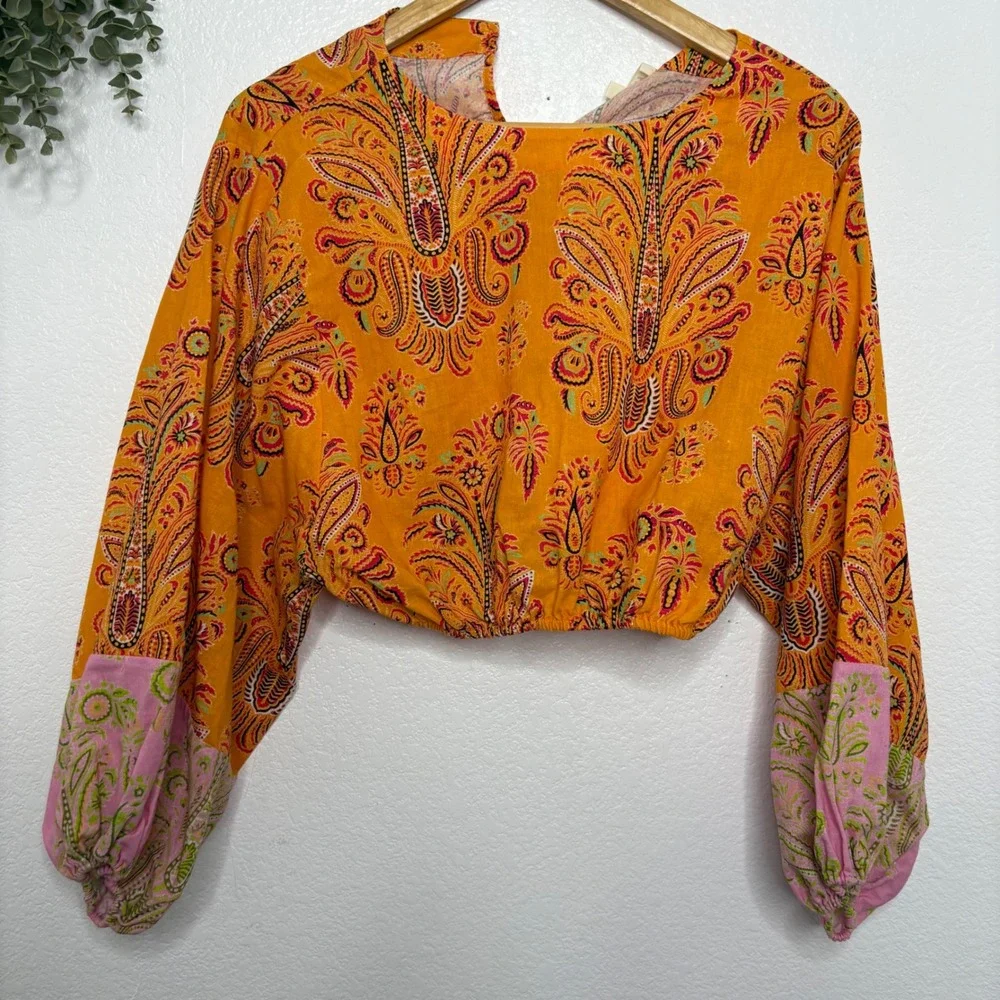 BOTEH Calla Crop Top Ochre Orange Paisley Linen Cotton Balloon Sleeve Size 1 - Picture 9 of 10